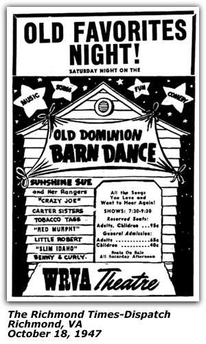 Promo Ad - WRVA Old Dominion Barn Dance - WRVA Theatre - Richmond, VA - Tacky Party Night - Sunshine Sue, Crazy Joe Maphis and Red Murphy - Little Robert - Sunshine Sue - Carter Sisters - Slim Idaho - Puffenbargers - March 1948