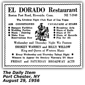 Promo Ad - El Dorado Restaurant - Riverside, CT - Smokey Warren and Billy Willow - The King and Queen of Country Music - August 1956