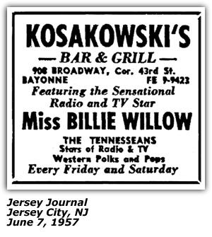Promo Ad - Kosakowski's Bar & Grill - Bayonne, NJ - Miss Billie Willow - The Tennesseans - June 1957