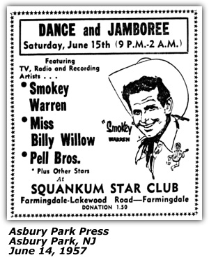 Promo Ad - Squankum Star Club - Farmingdale, NJ - Smokey Warren - Pell Brothers - Billy Willow - June 1957
