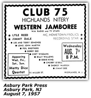 Promo Ad - Highlands Nitery - Highlands, NJ - Billy Willow - Lyle Reed - Jimmy Dale - Smokey Warren - August 1957
