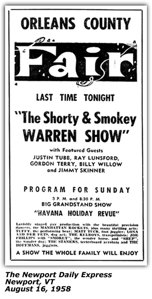 Promo Ad - Orleans County Fair - Newport, VT -  Shorty and Smokey Warren - Justin Tubb - Ray Lunsford - Gordon Terry - Billy Willow - Jimmy Skinner - August 1958