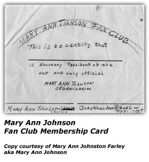 Mary Ann Johnson Fan Club Membership Card