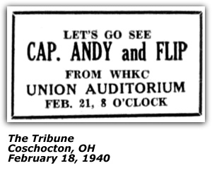 Promo Ad - Union Auditorium - Coshocton, OH - Cap, Andy and Flip - February 1940