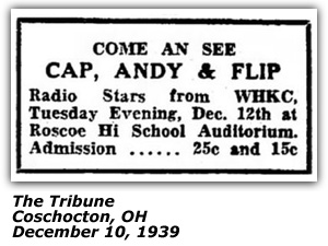 Promo Ad - Roscoe High School Auditorium - Coshocton, OH - Cap, Andy and Flip - WHKC - December 1939
