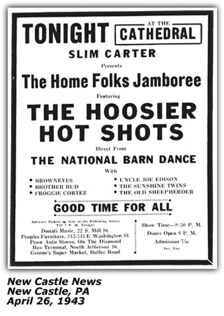 Promo Ad - Slim Carter - Hoosier Hot Shots - Home Folks Jamboree - New Castle PA WKST - April 1943
