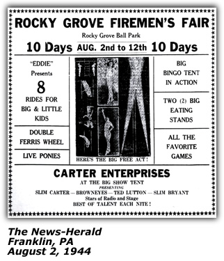 Promo Ad - Slim Carter - Fireman's Fair - Franklin PA - August 1944