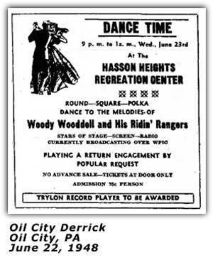Woody Wooddell and his Ridin' Rangers - Oil City PA Ad 1948