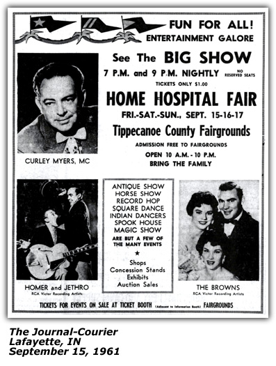 Home Hospital Fair Promo - Curley Myers, Homer and Jethro, The Browns - September 1961