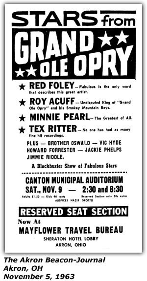 Promo Ad - Canton Municipal Auditorium - Canton, OH - Red Foley - Roy Acuff - Minnie Pearl - Tex Ritter - Jimmie Riddle - Brother Oswald - Howard Forrester - Jackie Phelps - November 1963
