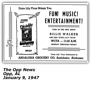 Promo Ad - WCTA - Billie Walker and her Dixie Lily Boys - January 9 1947