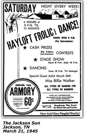 Promo Ad - Hayloft Frolic and Dance - Jackson TN - WTJS - Miss Billie Walker - March 1945