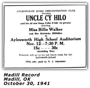 Billie Walker - Ad - Madill OK Oct 1941