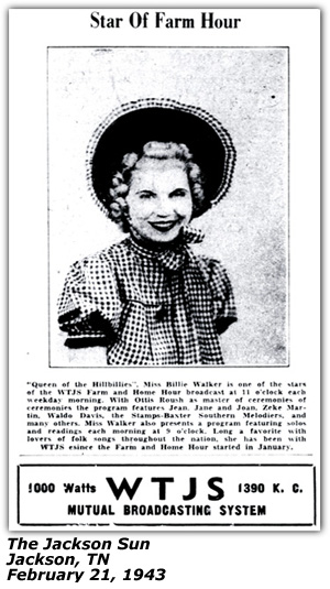 Promo Ad - WTJS - Miss Billie Walker - Star of Farm Hour - February 1943