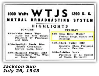 WTJS Promo - Billie Walker Show - July 26, 1943