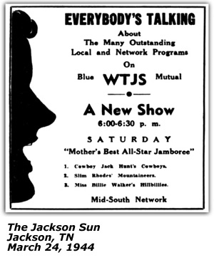 Promo Ad - WTJS - Mother's Best All-Star Jamboree - Miss Billie Walker - March 1944