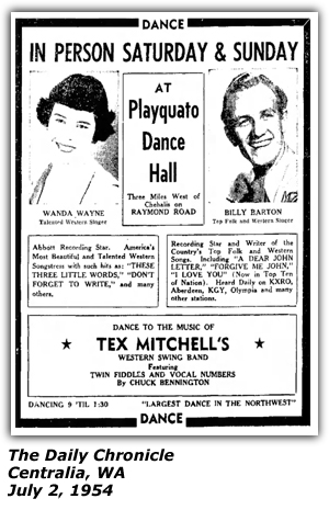 Promo Ad - Payquato Dance Hall - Centralia, WA - July 1954 - Wanda Wayne - Billy Barton - Tex Mitchell
