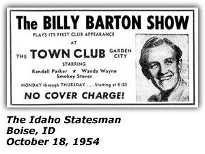 Promo Ad - The Town Club - Garden City, ID - Billy Barton - Randall Parker - Wanda Wayne - Smokey Stover - October 1954