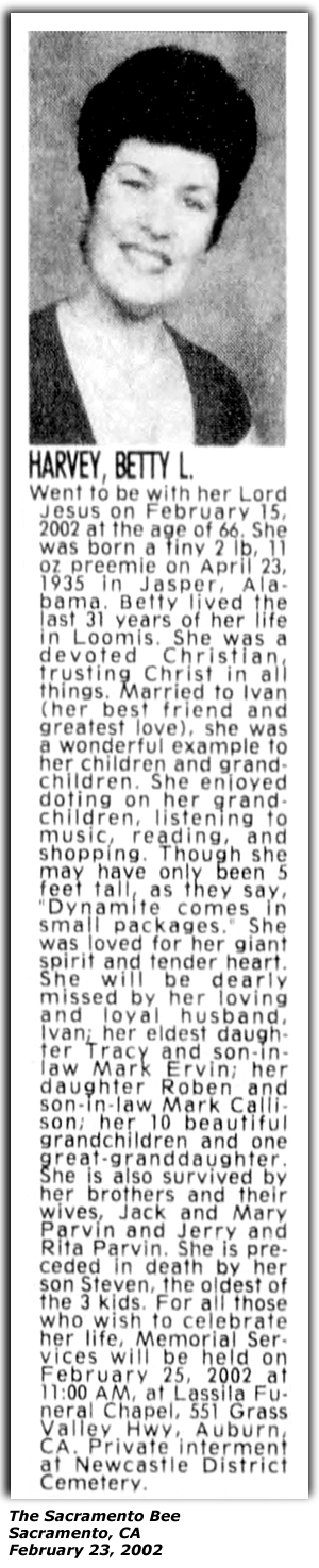 Obituary - Betty Lou Harvey (Wanda Wayne) - Sacramento, CA - February 23, 2002