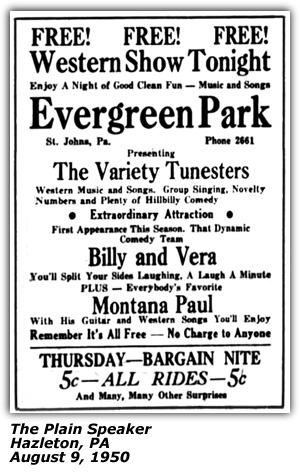 Promo Ad - Evergreen Park - St. Johns, PA - Montana Paul - Billy and Vera - August 1950