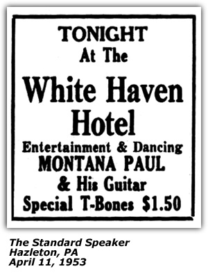 Promo Ad - White Haven Hotel - Hazleton, PA - Montana Paul - April 1953