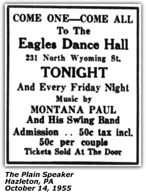 Promo Ad - Eagles Dance Hall - Hazleton, PA - Montana Paul and his Swing Band - October 1955