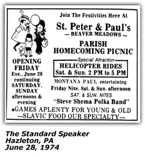 Promo Ad - St. Peter and Paul's - Parish Homecoming Picnic - Beaver Meadows, PA - Montana Paul - June 1974