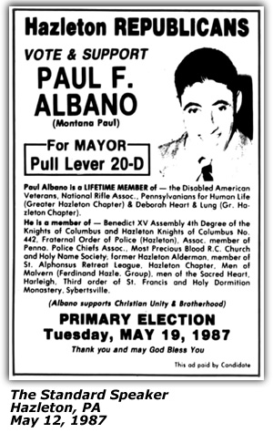 Political Ad - Paul F. Albano - Republican Candidate for Mayor - Hazleton, PA - May 1987