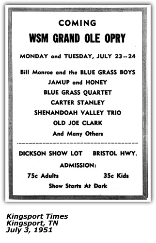 Promo Ad - Bill Monroe - Old Joe Clark - Kingsport, TN 1951