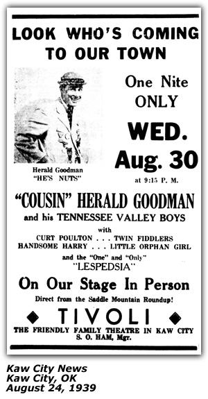 Promo Ad - Tivolio Theatre - Kaw City, OK - Herald Goodman - Tennesse Valley Boys - Curt Poulton - Little Orphan Girl - August 1939