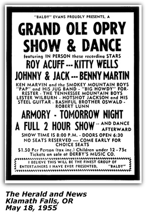 Promo Ad - Grand Ole Opry - Armory - Klamath Falls, OR - Roy Acuff - Kitty Wells - Johnny and Jack - Benny Martin - Big Howdy Forrester - Shot Jackson - Robert Lunn - May 1955