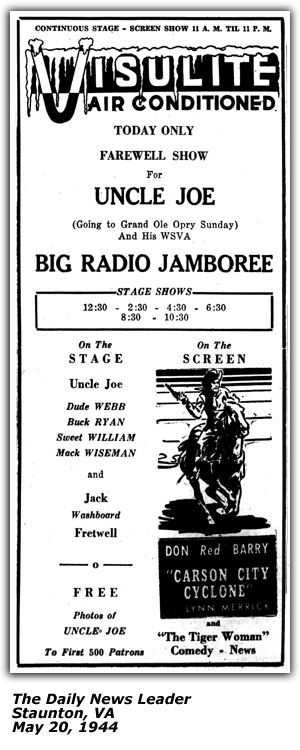 Promo Ad - Visulite Theater - Staunton, VA - Uncle Joe - Buck Ryan - Dude Webb - Sweet William - Mac Wiseman - May 1944