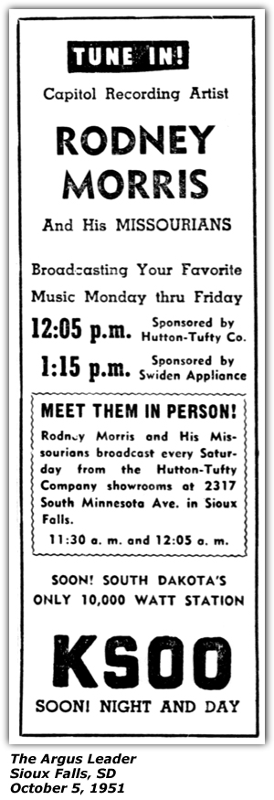 Promo Ad - KSOO - Rodney Morris and his Missourians - October 1951