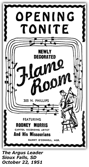 Promo Ad - Flame Room - Rodney Morris and his Missourians - Sioux Falls, SD - October 1951