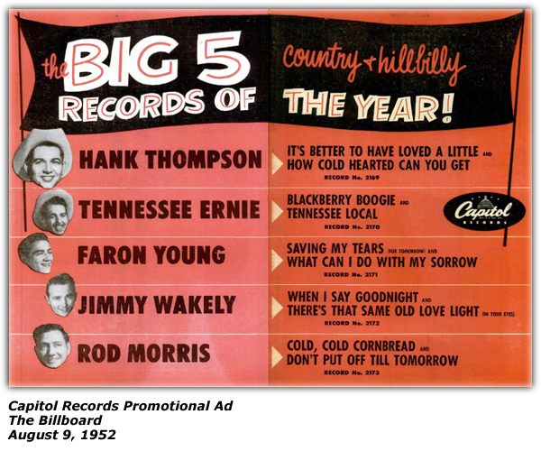 Promo Ad - Capitol Records - The Billboard - Hank Thompson - Tennessee Ernie Ford - Faron Young - Jimmy Wakely - Rod Morris - August 1952