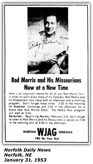 Promo Ad - WJAG - Norfolk, NE - Rod Morris and his Missourians - January 1953