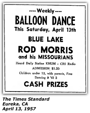 Promo Ad - Balloon Dance - Blue Lake - Rod Morris and his Missourians - April 1957