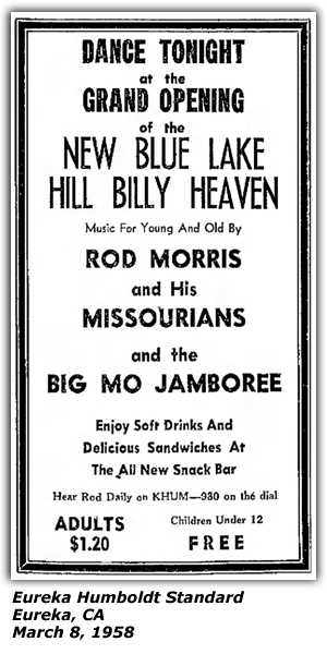 Promo Ad - Grand Opening - New Blue Lake - Hill Billy Heaven - Rod Morris and his Missourians - Big Mo Jamboree - March 1958