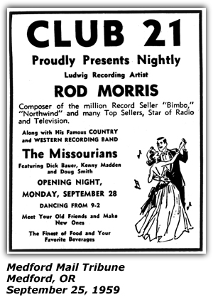 Promo Ad - Club 21 - Medord, OR - ROd Morris and his Missourians - September 1959