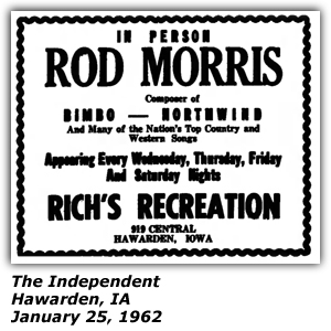 Promo Ad - Rich's Recreation - Hawarden, IA - Rod Morris - January 1962