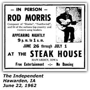 Promo Ad - Steak House - Hawarden, IA - Rod Morris - June 1962