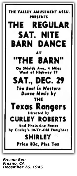 Promo Ad - The Barn - Texas Rangers, Curley Roberts, Shirley Roberts - Dec 26 1945