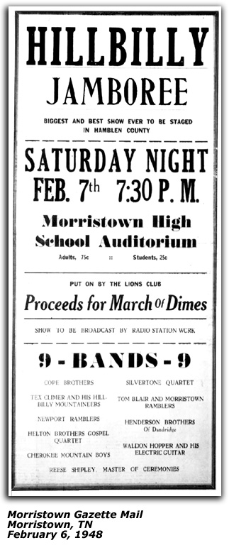 Promo Ad - Cope Brothers - Hillbilly Jamboree - Cope Brothers - Morristown TN - February 1948