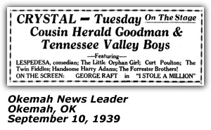 Promo Ad - Okemah, OK - Cousin Herald Goodman and Tennessee Valley Boys - The Little Orphan Girl (Sally Forrester) - Curt Poulton - September 1939