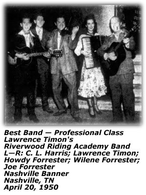 Promo Ad - Lawrence Timon's Riverwood Riding Academy Band - C.L. Harris - Lawrence Timon - Howdy Forrester - Wilene Forrester - Joe Forrester - April 1950