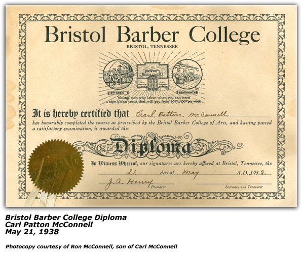 Bristol Barber College Diploma - Carl Patton McConnell - May 1938