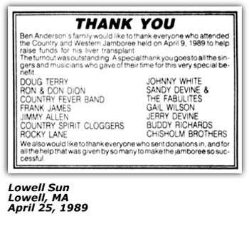 Lowell MA Benefit Concert Thank You - April 1989