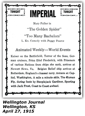 Promo Ad - Imperial Theatre - Weillington, KS - Harry Gardiner -  April 27, 1915
