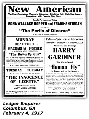 Promo Ad - New American Theatre - Columbus, GA - Harry Gardiner - Human Fly - February 4, 1917
