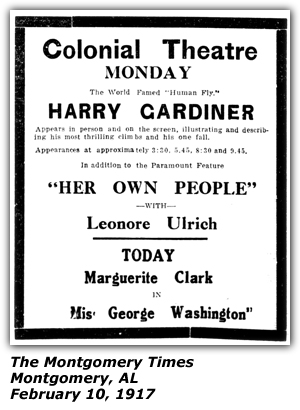Promo Ad - Colonial Theatre - Montgomery, AL - Harry Gardiner - Human Fly - February 10, 1917